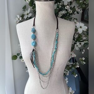 Faux Turquoise and Cord Tiered Necklace